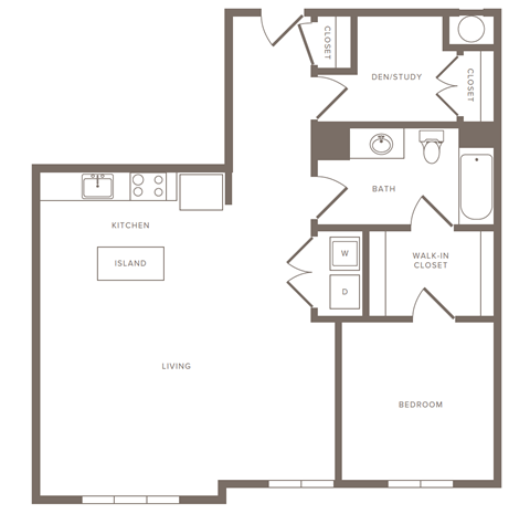 A floor plan of a house with a kitchen, living room, bedroom, bathroom, and two closets.