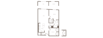 A floor plan of a small apartment with a living room, bedroom, kitchen, and bathroom.