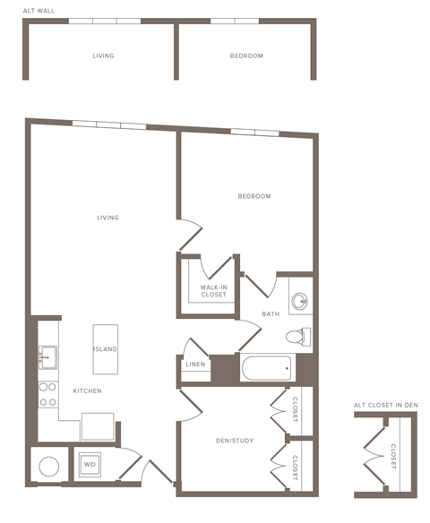 A floor plan of a small apartment with a living room, bedroom, kitchen, and bathroom.