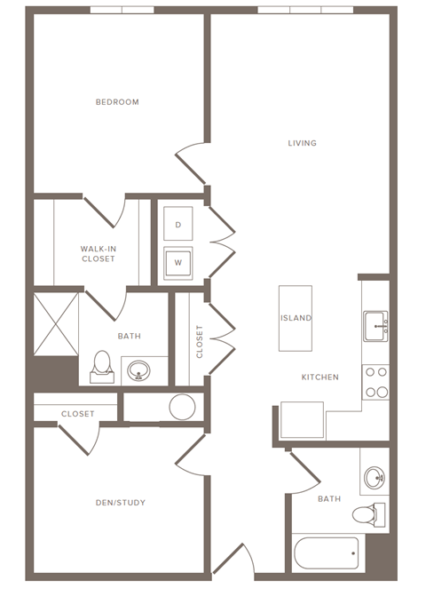 A floor plan of a house with a den/study, bath, walk-in closet, and kitchen.