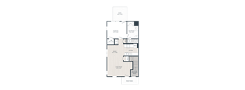 A floor plan of an apartment with a living room, dining room, kitchen, bedroom, bathroom, and a front porch.