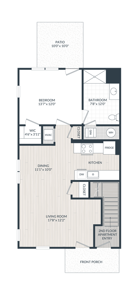 A floor plan of an apartment with a living room, dining room, kitchen, bedroom, bathroom, and a front porch.