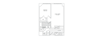 A floor plan of a house with a bedroom, bathroom, living/dining area, kitchen, and a workspace.