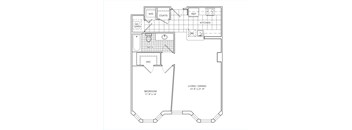 A floor plan of a small apartment with a bedroom, bathroom, kitchen, and living room.