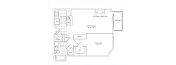 A floor plan of a small apartment with a kitchen, living room, dining room, bedroom, and bathroom.