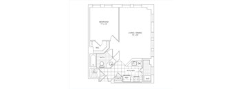 A floor plan of a small apartment with a bedroom, living/dining area, kitchen, bathroom, and a WC.