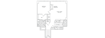 A floor plan of a house with a bedroom, bathroom, kitchen, and living room.