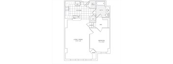 A floor plan of a house with a living room, dining room, kitchen, bathroom, and bedrooms.