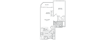 A floor plan of a house with a balcony, bedroom, living/dining area, bathroom, kitchen, and optional fireplace.