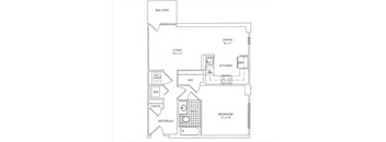 A floor plan of a house with a living room, dining room, kitchen, bathroom, and bedroom.