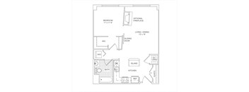 A floor plan of a small apartment with a bedroom, living room, kitchen, and bathroom.