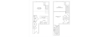 A floor plan of a two-story living space with a powder room, kitchen, and bedroom/loft.