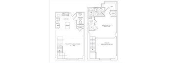 A floor plan of a home with a kitchen, bathroom, and two story living/dining area.