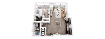 A top-down view of a modern, minimalist apartment with a kitchen, living room, and bathroom.