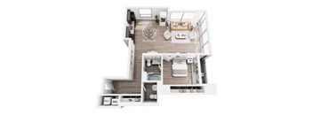A top-down view of a modern apartment layout with a living room, kitchen, dining area, and bedrooms.