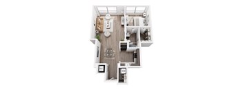 A top-down view of a modern apartment layout.