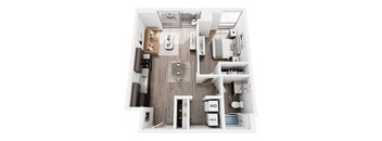 A top down view of a small apartment with a kitchen, living room, and bathroom.