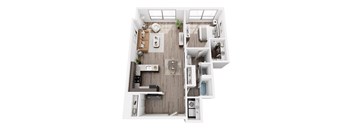 A top-down view of a modern, well-organized kitchen and living room.