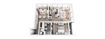 A top-down view of a modern apartment layout with labeled sections for kitchen, living room, and bathroom.