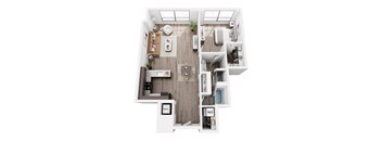 A top down view of a modern apartment layout.
