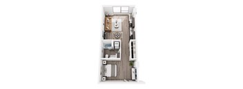 A top down view of a small apartment with a kitchen, living room, and bathroom.