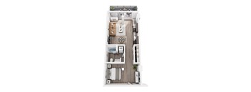 A top-down view of a small apartment layout with a kitchen, living room, and bathroom.