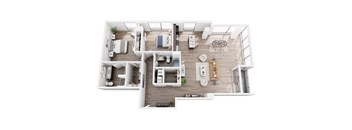 A top-down view of a modern apartment layout with a kitchen, living room, and bedrooms.