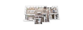A top-down view of a modern, well-organized apartment layout.