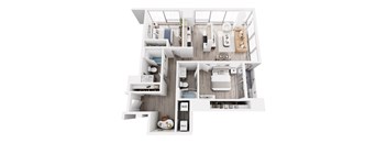 A top-down view of a modern apartment layout.