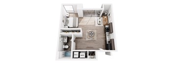 A top down view of a small apartment with a kitchen, living room, and bathroom.