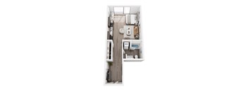 A top down view of a small apartment with a kitchen, living room, and bathroom.