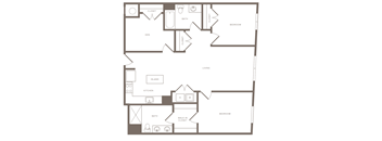 A floor plan of a house with two bedrooms, a living room, a kitchen, a bathroom, a den, and a walk-in closet.