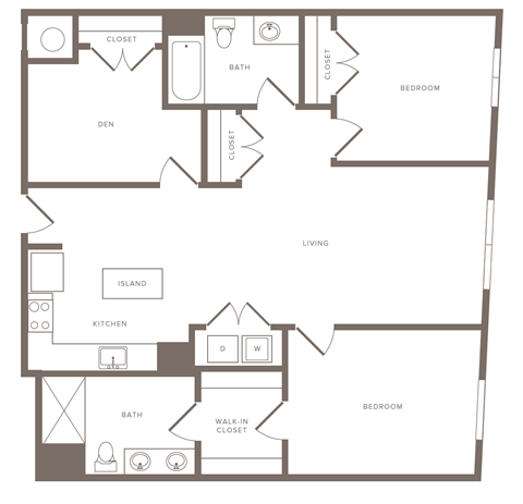 A floor plan of a house with two bedrooms, a living room, a kitchen, a bathroom, a den, and a walk-in closet.