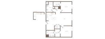 A floor plan of a house with a living room, kitchen, and bathroom.