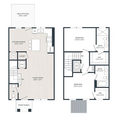 A floor plan of a two-story house with a living room, kitchen, dining room, and two bedrooms.