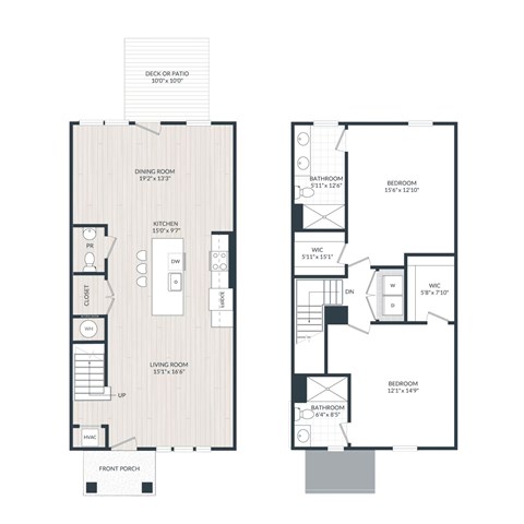 A floor plan of a two-bedroom apartment with a living room, dining room, kitchen, and bathrooms.