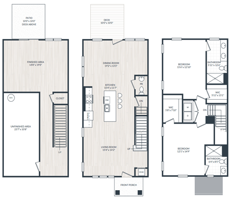 A floor plan of a house with a front porch, living room, dining room, kitchen, and two bedrooms.