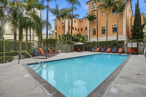 A pool surrounded by palm trees and lounge chairs.