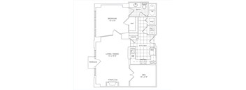 A floor plan of a house with a den, bath, and kitchen.