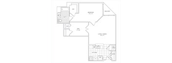 A floor plan of a small apartment with a bedroom, living room, kitchen, and bathroom.