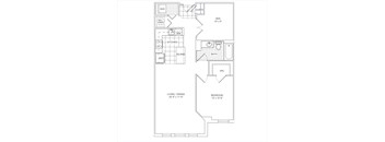 A floor plan of a small apartment with a living room, dining area, kitchen, bathroom, and bedroom.