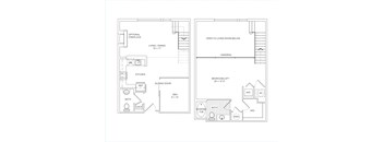 A floor plan of a house with a living area, kitchen, bathroom, and bedroom.
