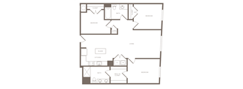 A floor plan of a house with two bedrooms, a living room, a kitchen, a bathroom, a walk-in closet, and a breakfast nook.