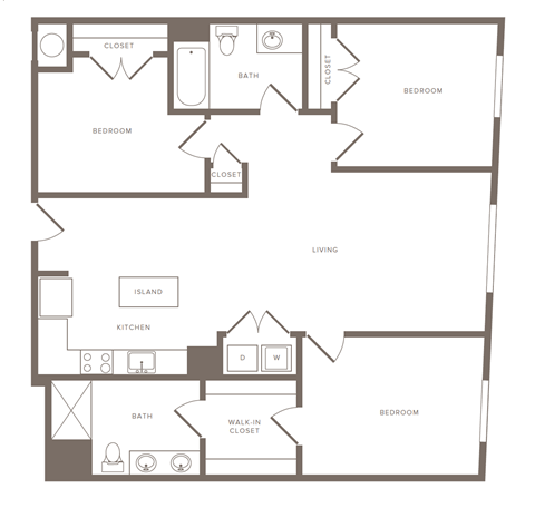 A floor plan of a house with two bedrooms, a living room, a kitchen, a bathroom, a walk-in closet, and a breakfast nook.