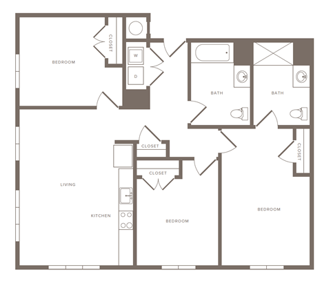 A floor plan of a house with a living room, kitchen, two bedrooms, a bathroom, and a closet.