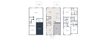 A set of three floor plans for a property with a living area, kitchen, and bathrooms.