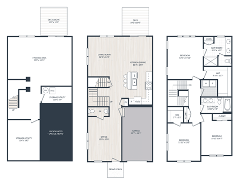 A set of three floor plans for a property with a living area, kitchen, and bathrooms.