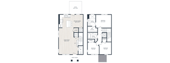 A floor plan of a house with a living room, kitchen, two bedrooms, and a patio.