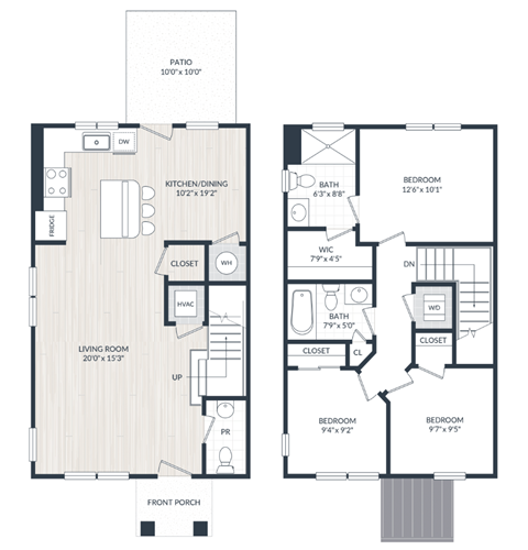 A floor plan of a house with a living room, kitchen, two bedrooms, and a patio.