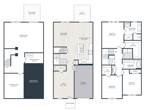 A floor plan of a house with three bedrooms, a living room, a kitchen, a bathroom, and a storage area.